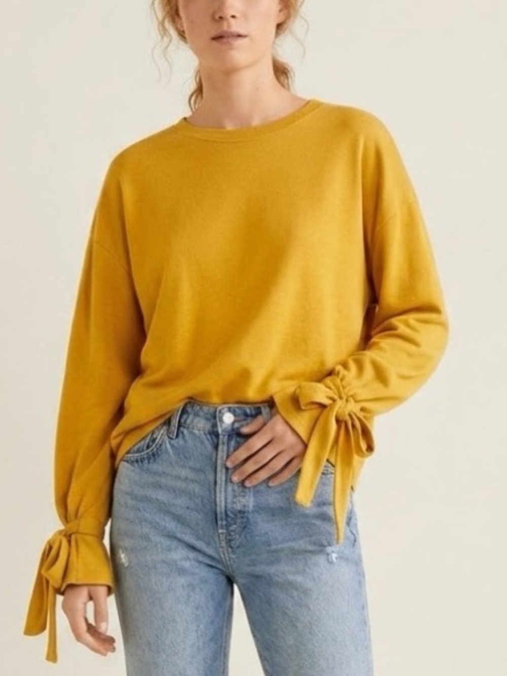Mango Womens Sweatshirt M L  Oversized Yellow/Mustard Bow Sleeves 259